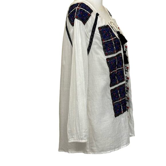 Roller Rabbit embroidered peasant top, blue/cream, large, bohemian, hippie - Picture 2 of 7